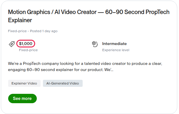 A public freelance-site job post for a business video, with its fixed budget