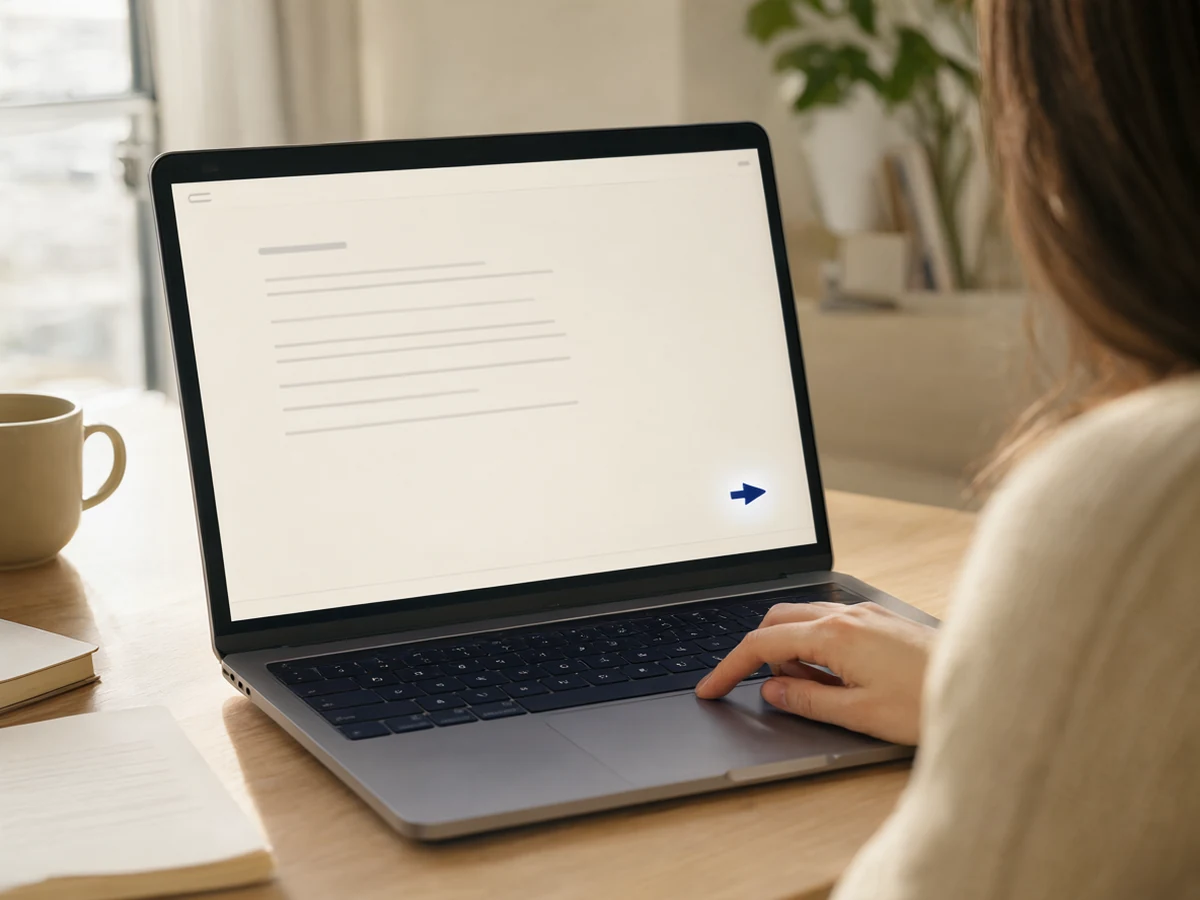 A person at a laptop with one finger on the trackpad and a single send arrow glowing on an email draft.