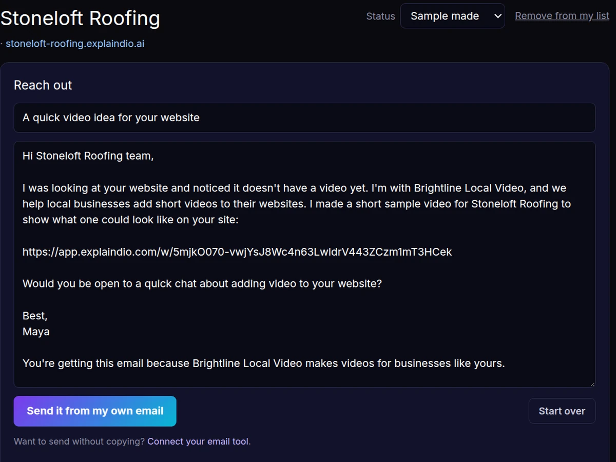 The email Explaindio wrote for an example roofing company, with the link to its sample page and a Send it from my own email button.