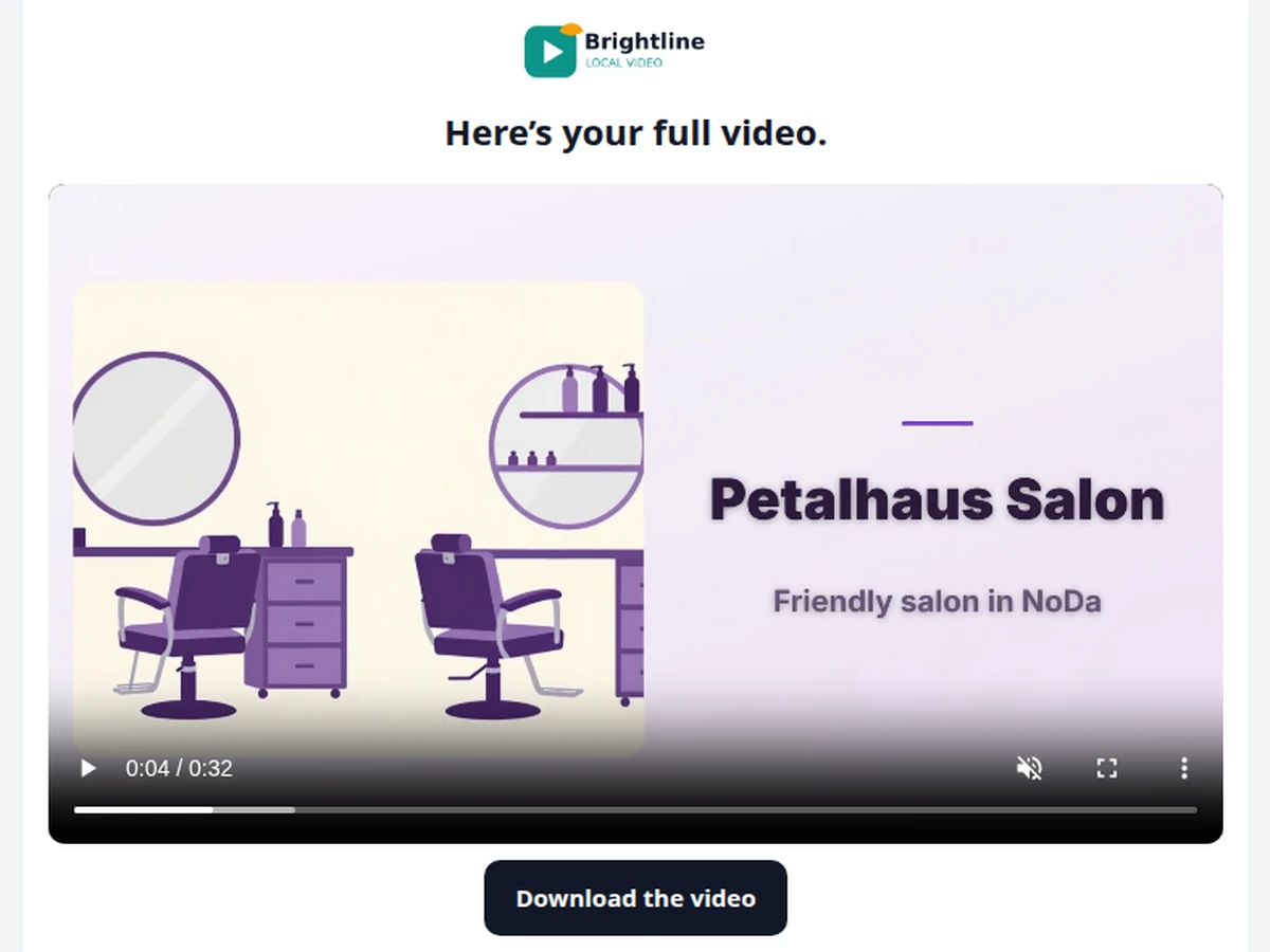 The owner's page for an example salon after payment: Here's your full video, the clean video playing, and a Download the video button.
