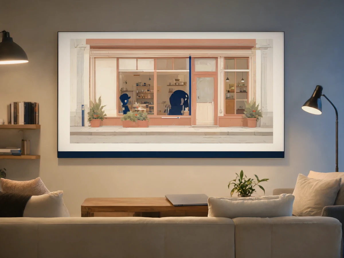 A finished animated video paused on a large studio screen, with a single clean timeline bar below it.
