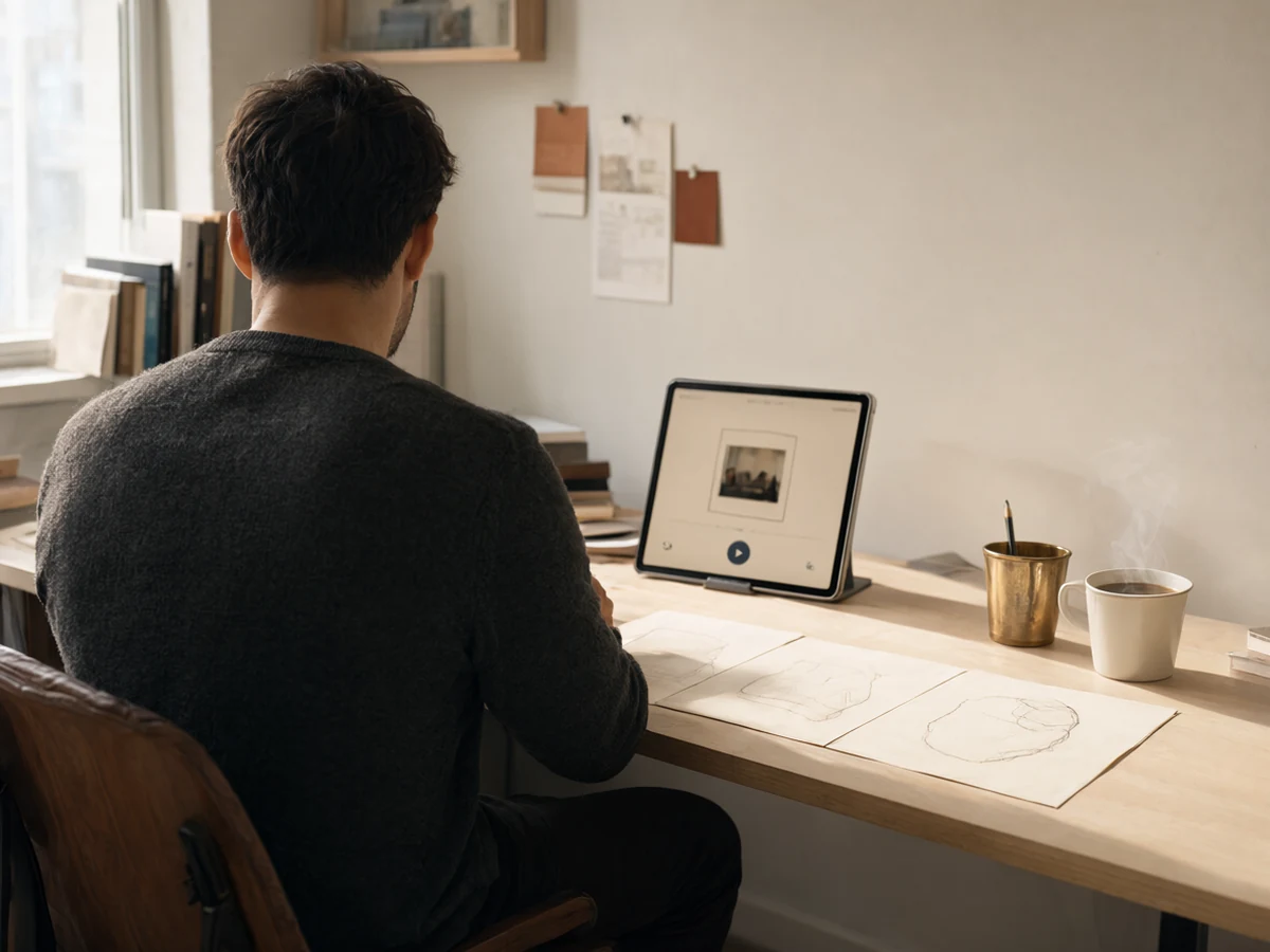 A freelancer’s studio desk with a tablet showing a video thumbnail beside design sketches and a coffee.