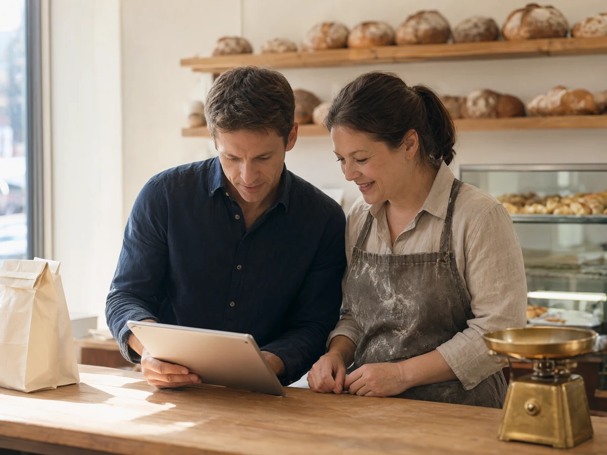 A consultant and a bakery owner looking at a tablet together over the shop counter.