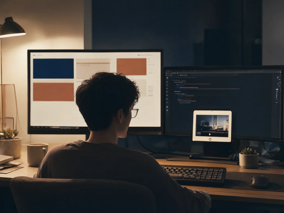 A developer’s desk at night with two monitors of abstract app colors and a phone playing a short video.