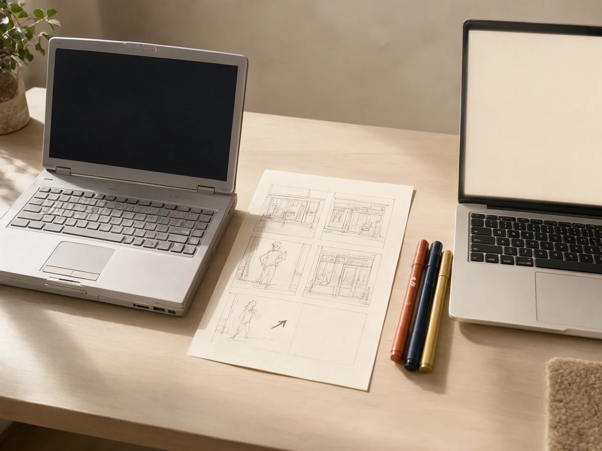 An older laptop and a new one side by side on a desk, with a hand-drawn storyboard and markers between them.