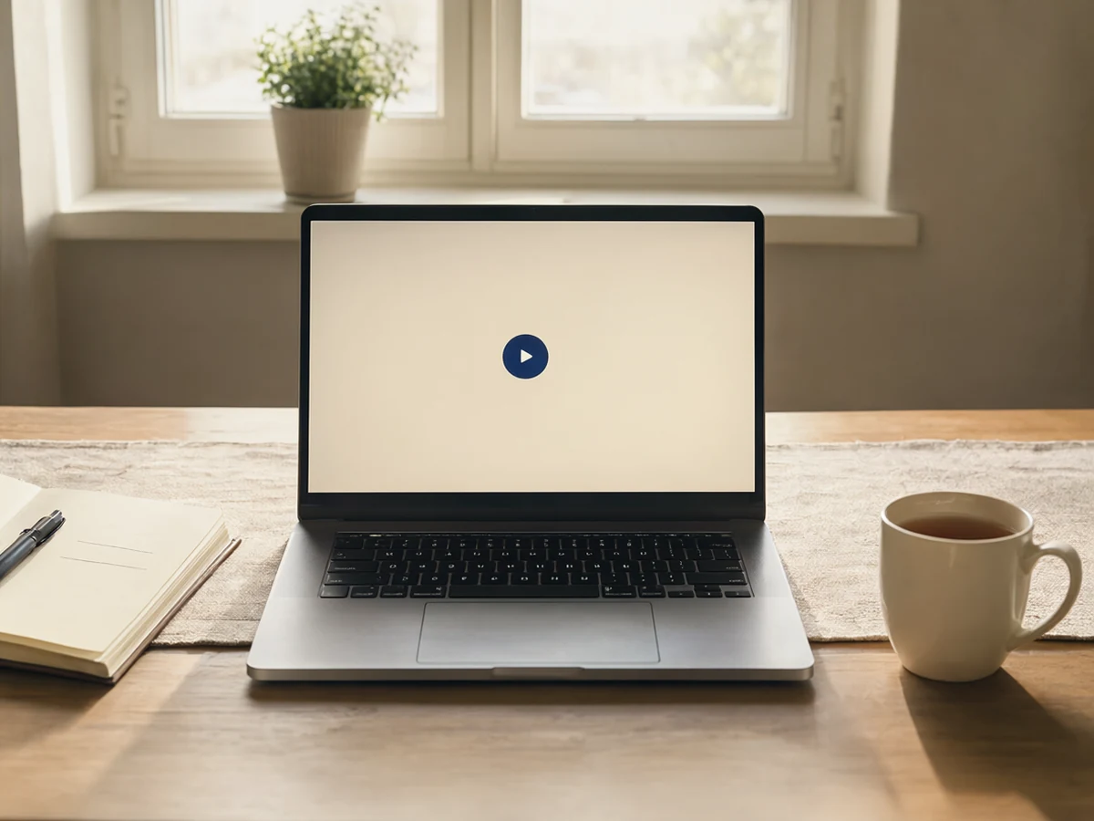 A kitchen table with a laptop showing a finished video and a notebook with one line written.