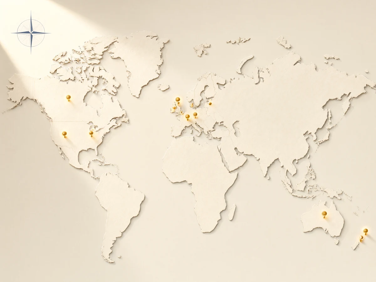A paper relief world map with small lit pins on towns across several continents.