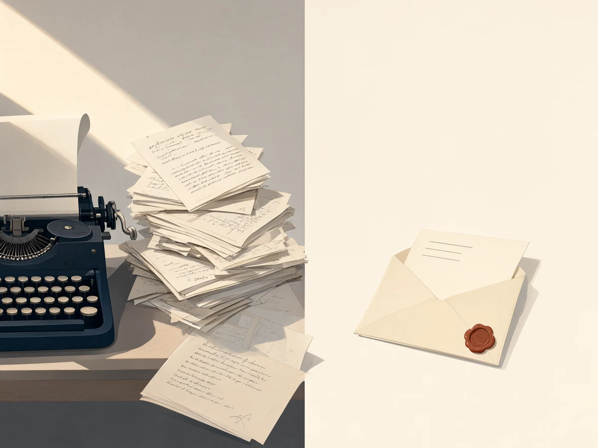 A typewriter and a tall pile of handwritten letters, next to one open envelope holding a single page.