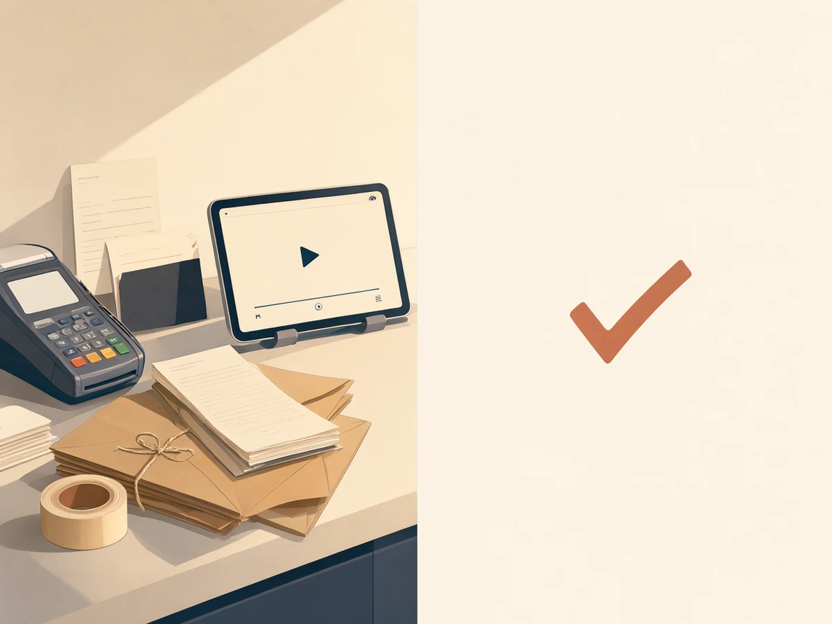A desk with a card terminal, an invoice book and padded envelopes, next to a tablet showing a finished video with a checkmark.